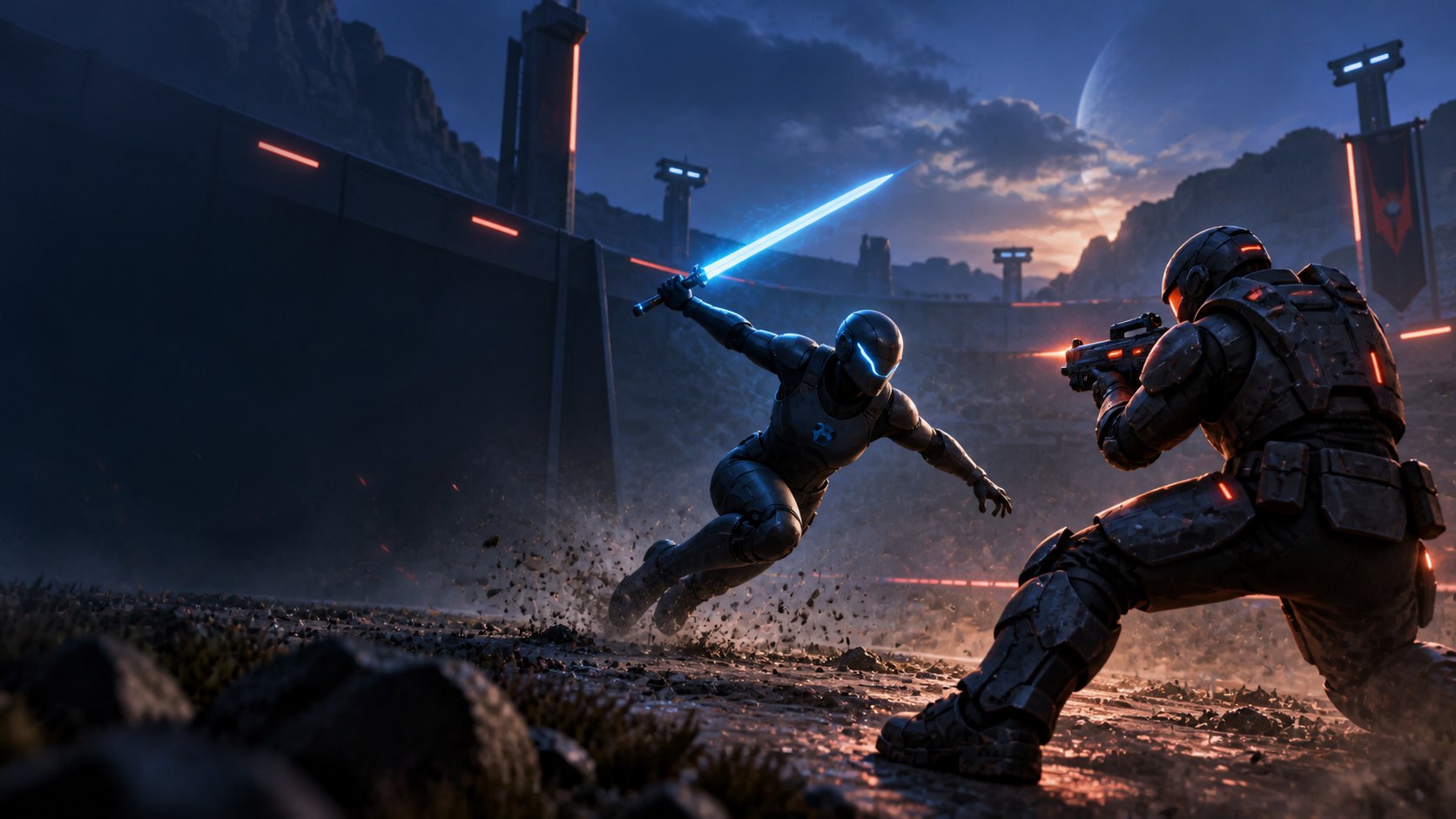 Two combatants clash in the Galactic Warzones arena